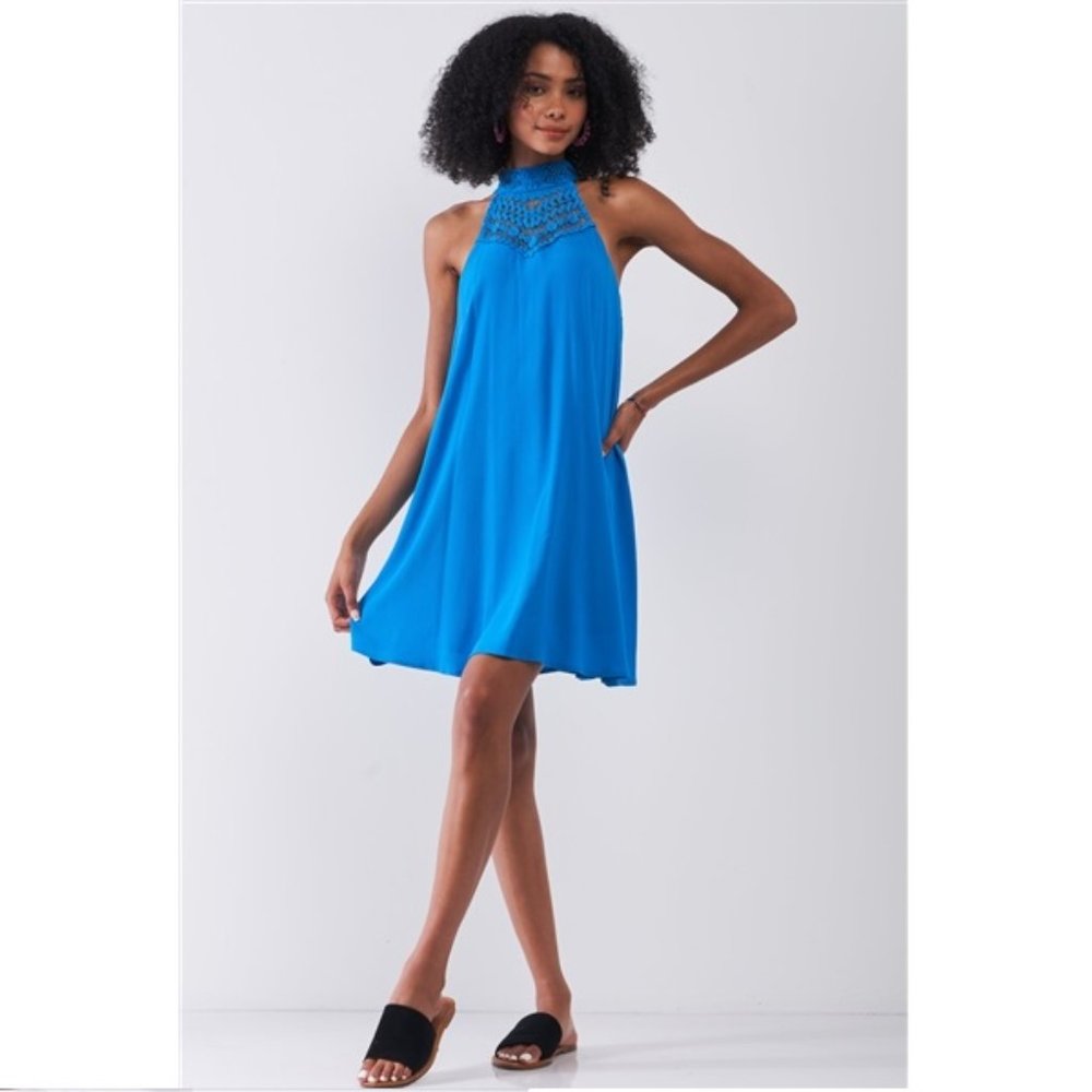Sugarlips Cobalt Crochet Trim Lined Tank Shift Dress - Picture 3 of 7